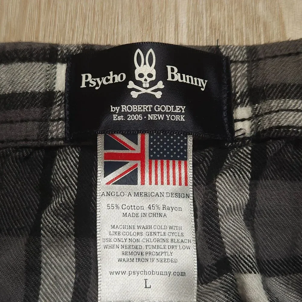 Psycho Bunny Flannel Pajama Pants Mens Large Black Plaid Drawstring Waist